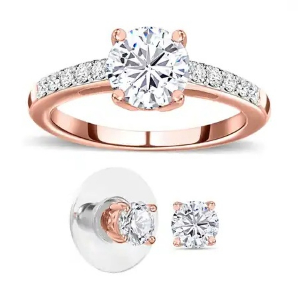 NWT MOISSANITE SET OF STUD EARRINGS & RING IN 14K ROSE GOLD OVER STERLING SILVER